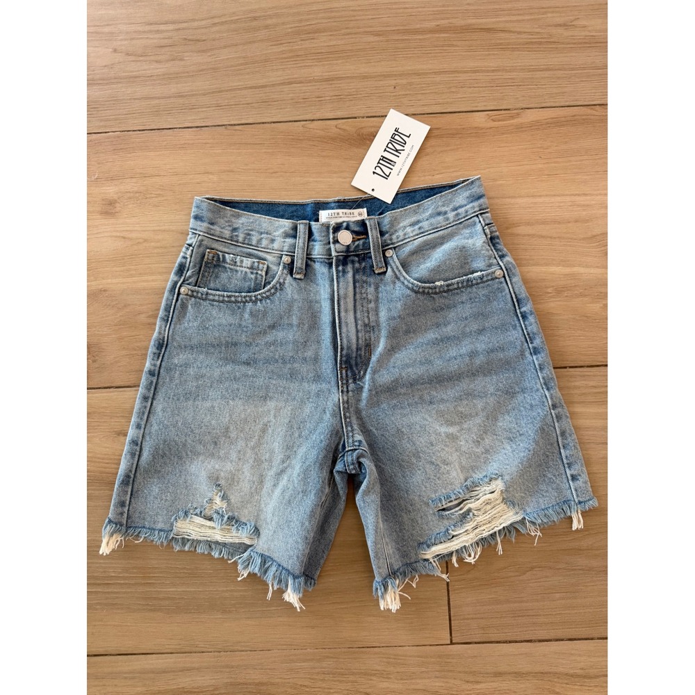 12th Tribe Distressed Denim Shorts High Waisted Frayed Hem Light Wash XS NEW